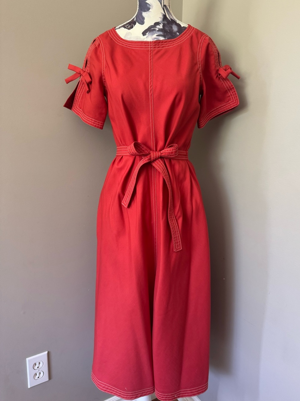 Vintage Nicholas & Elizabeth Tie Waist Midi Dress with Bow Sleeve Detail